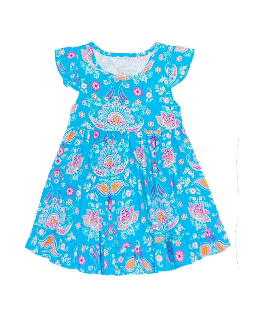 Toddler's Floral Dress w/ Ruffle Sleeves : Turquoise Floral