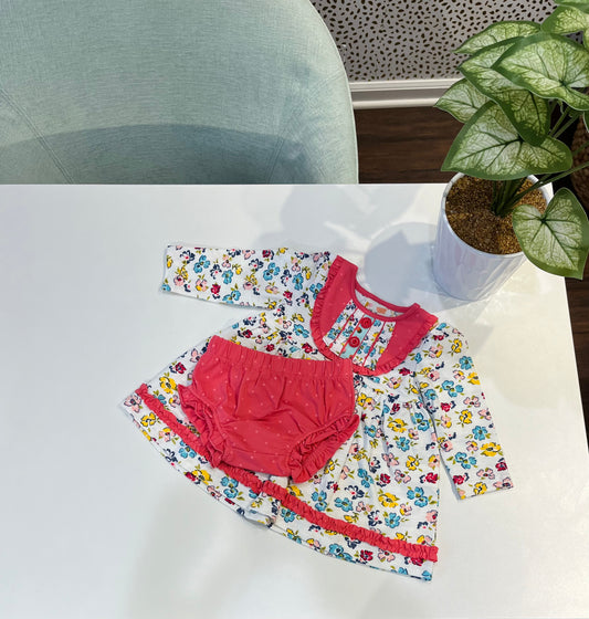 Long sleeve baby floral dress and bloomer set
