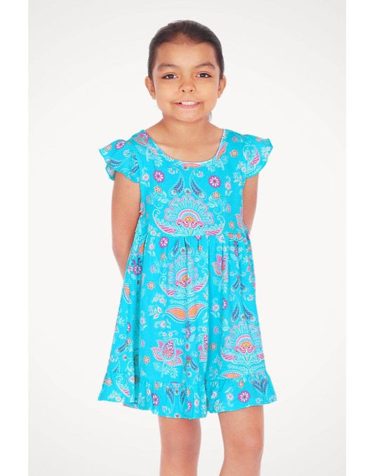 Toddler's Floral Dress w/ Ruffle Sleeves : Turquoise Floral